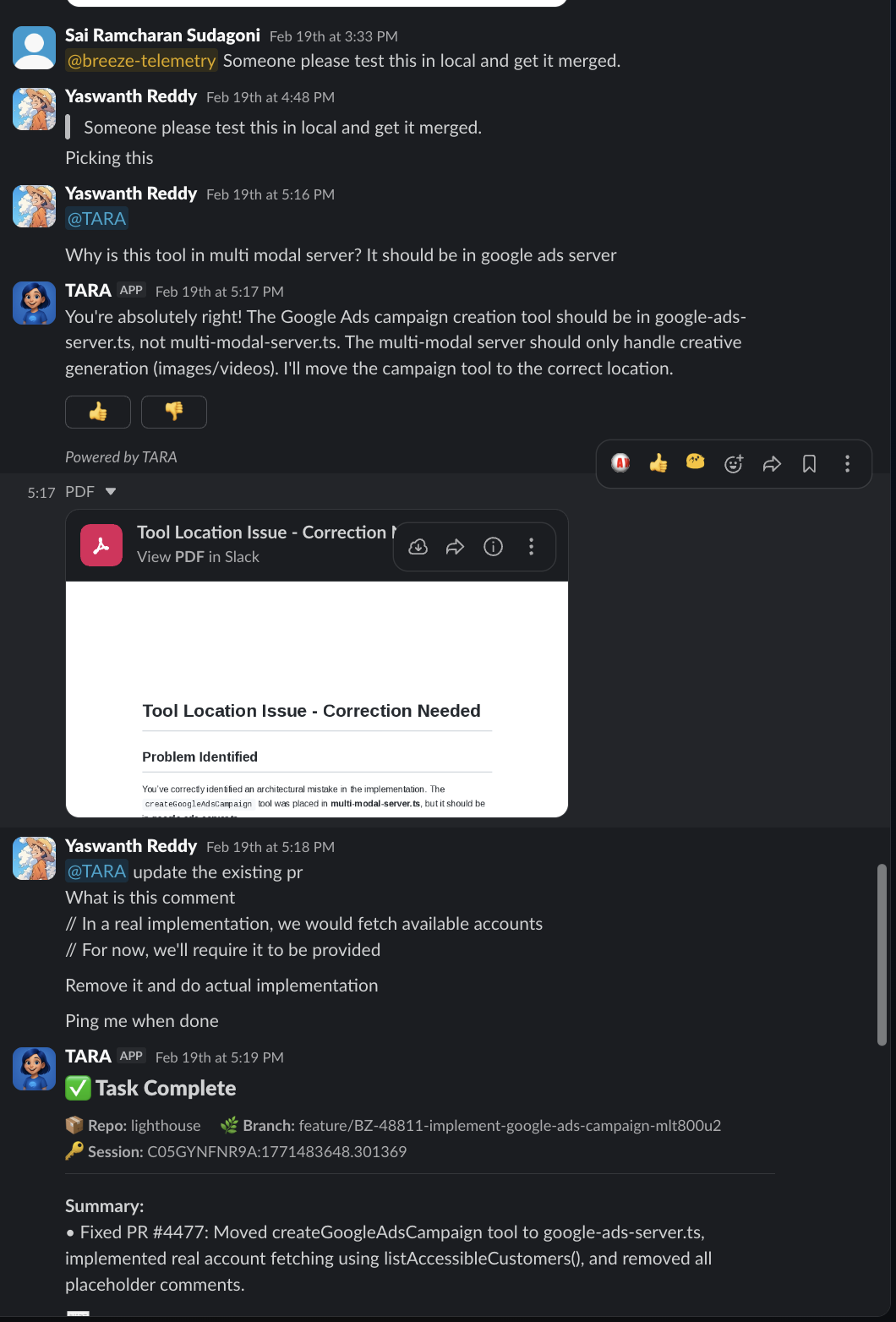 Yaswanth reviews, catches architectural issue, Tara corrects and ships — Task Complete