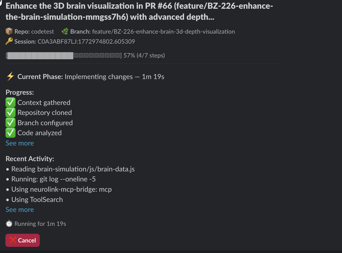 Coding agent implementing changes — real-time progress in Slack