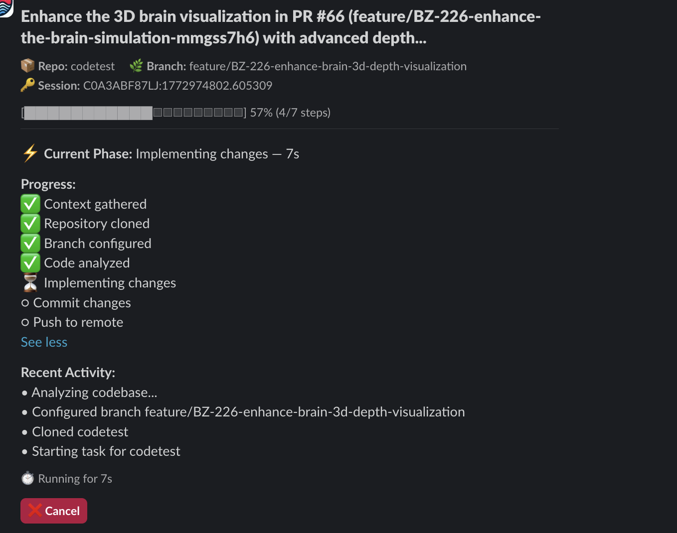 Coding agent in progress — context gathered, repo cloned, branch configured, code analyzed