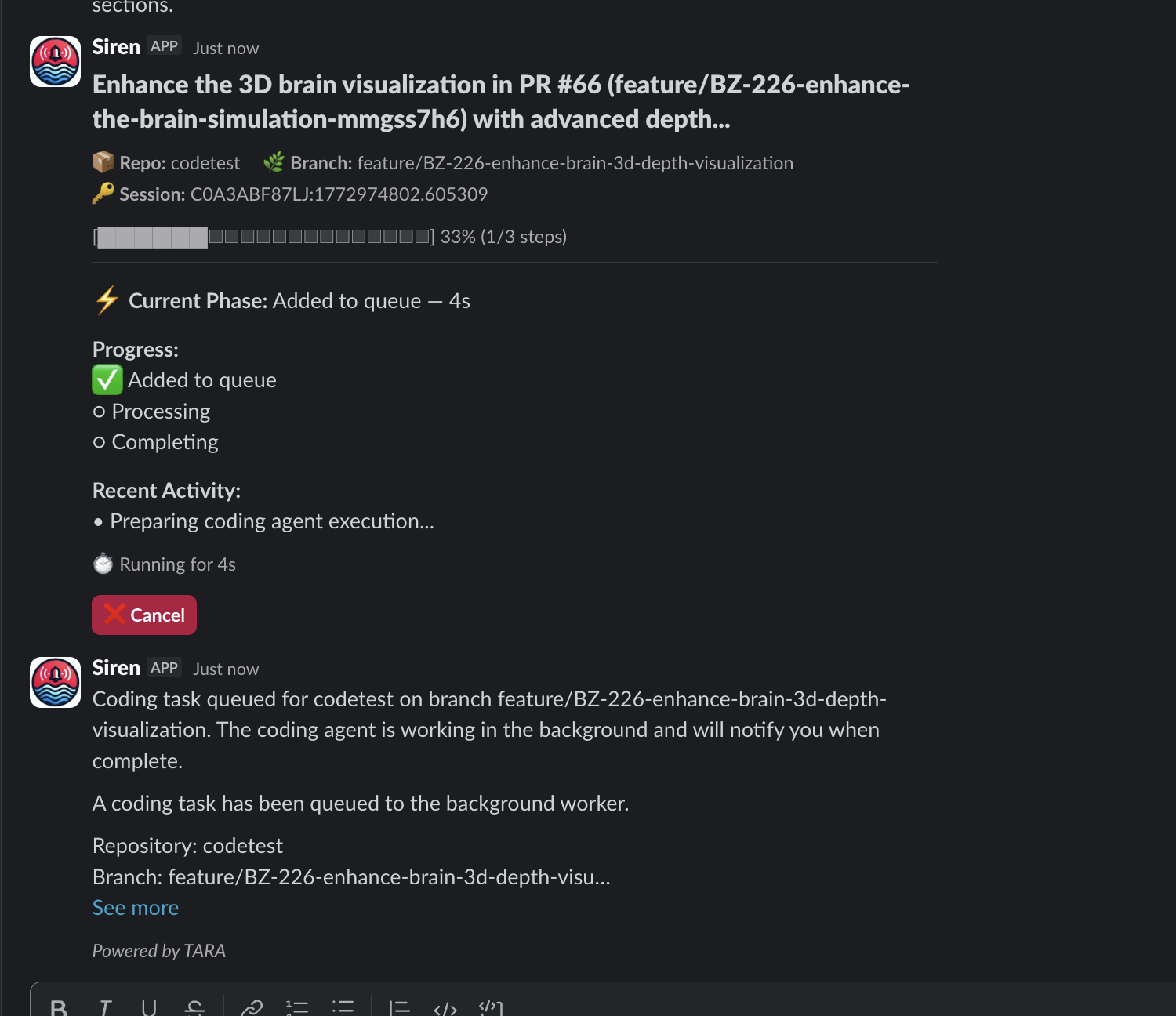 Coding agent queued — preparing execution