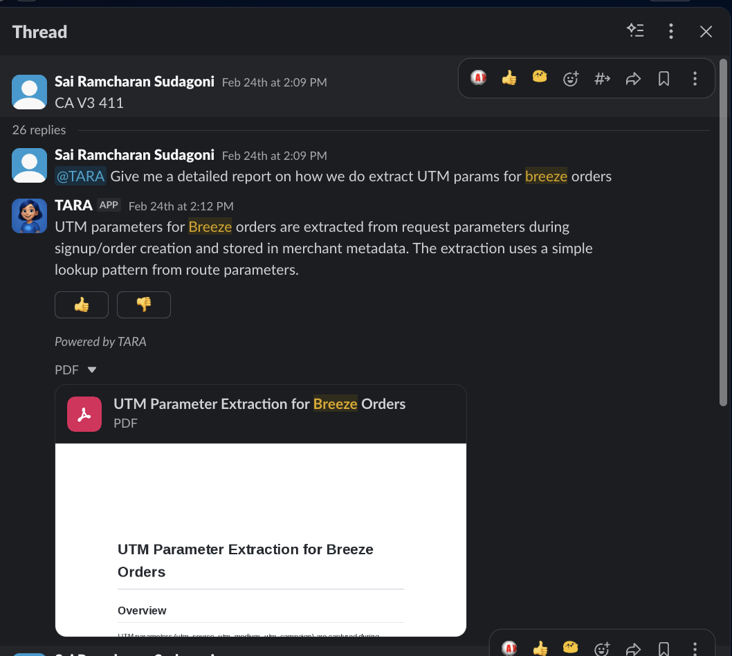 Sai asks about UTM extraction — 26 replies deep, full analysis PDF generated